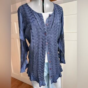 Vintage Textured Navy Button-Front Cardigan with Lace Inset Sleeves